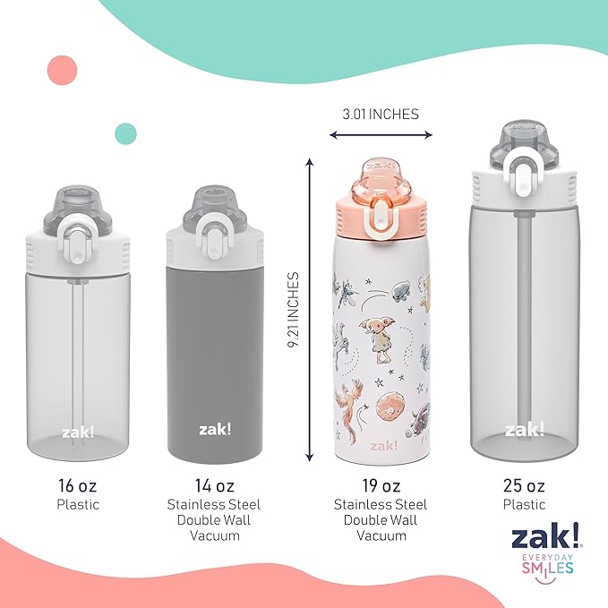 Zak Designs Harry Potter Sage Kids Water Bottle For School or Travel, 19oz Stainless Steel Water Bottle With Straw, Handle, and Leak-Proof, Pop-Up Spout Cover (Magical Creatures)