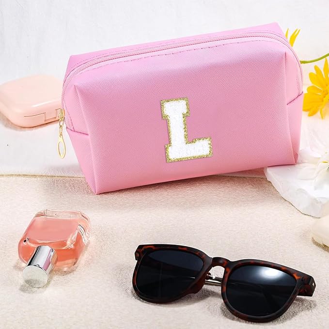 URSKYTOUS Initial Makeup Bag for Women Travel Small PU Leather Cosmetic Bag Cute Pink Personalized Preppy Chenille Letter Makeup Pouch for Purse Zippered Toiletry Organizer Makeup Case Ideal Gift(L)