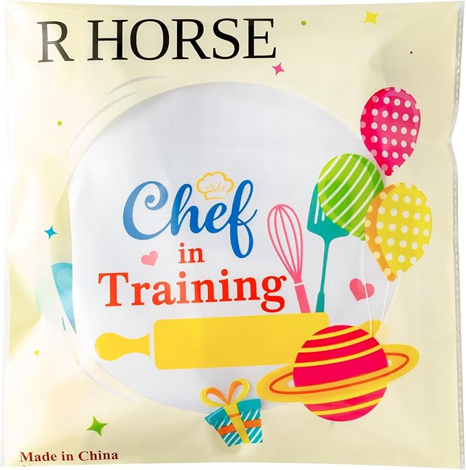 R HORSE Kid Apron and Chef Hat Set 2Pcs Adjustable Children White Kitchen Apron Dress up Role Play Chef Toy Kid Funny Cooking Gift Birthday Gift for Kids Cooking Baking Painting and Training