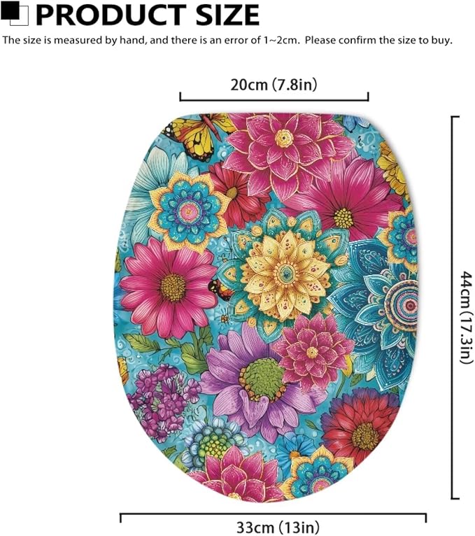 Hippie Lotus Toilet Seat Cover with Elastic Band for Bathroom Colorful Hippie Lotus Toilet Tank Dust Cover Soft Toilet Seat Cover Universal for Most Toilet Bowl Lids