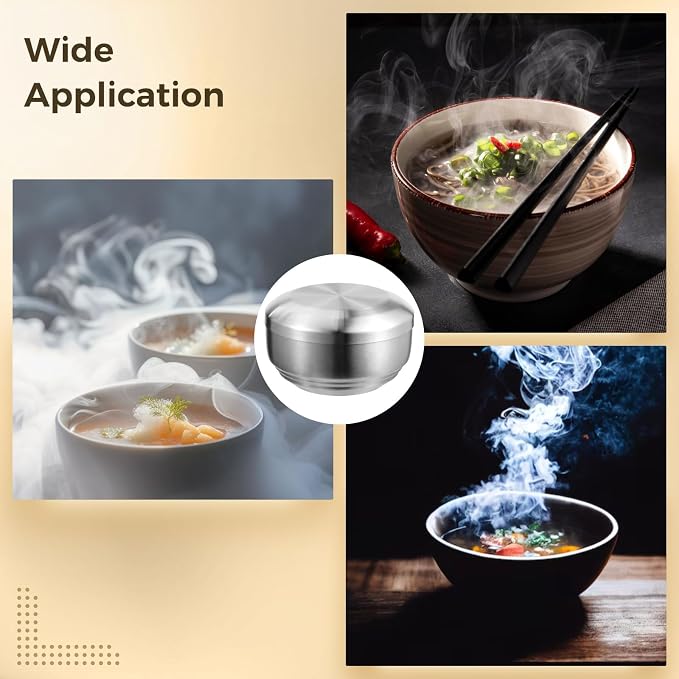 OMISTAR 2 PCS Stainless Steel Rice Bowl with Lid, 5.1 Inch Food Bowls for Korean Kitchen Restaurant, Double-Walled Insulated Metal Bowls, Multi-Purpose Soup Food Bowls Snacks Bowls, 13cm, Silver
