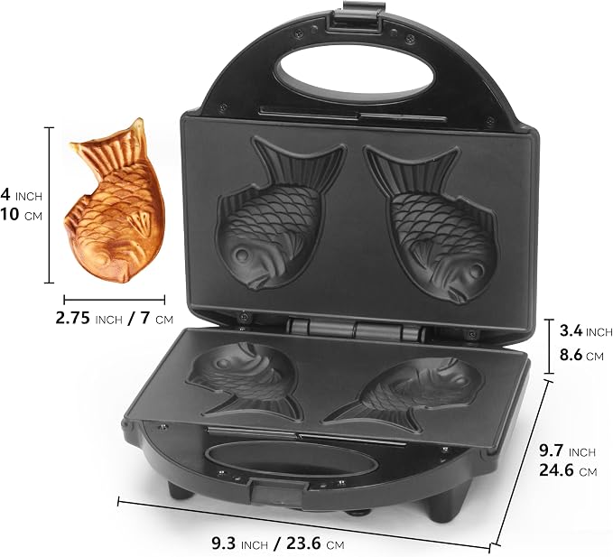 FineMade Taiyaki Fish Waffle Maker Machine with Non Stick Cooking Plate, Electric Japanese Fish Shaped Waffle Iron Pan, Korean Bungeoppang Pan, Recipe Included