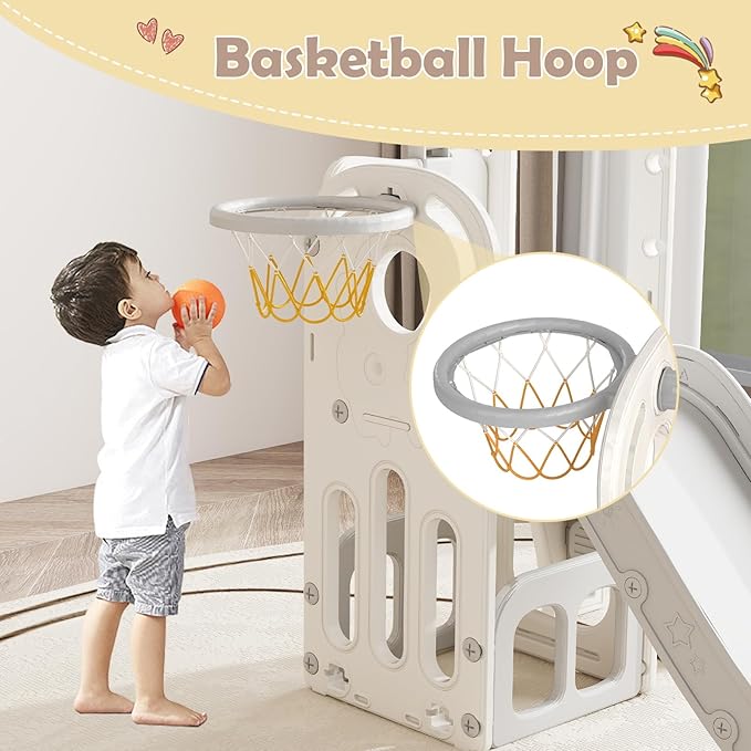 kinbor 6 in 1 Toddler Slide PlaySet - Indoor Outdoor Fun for Kids Ages 1-3, Includes Basketball Hoop, Telescope, Storage & Climber, Safe, Sturdy Baby Slide for Backyard Playground, White+Gray