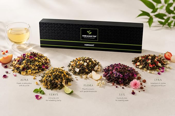 Pure And Easy Tea, Verdant Green Tea Sampler, 5 Whole Leaf Green Tea Blends, Premium Green Tea Gift Set, 15 BPA-Free Plant-Based Tea Bags (52.5g)