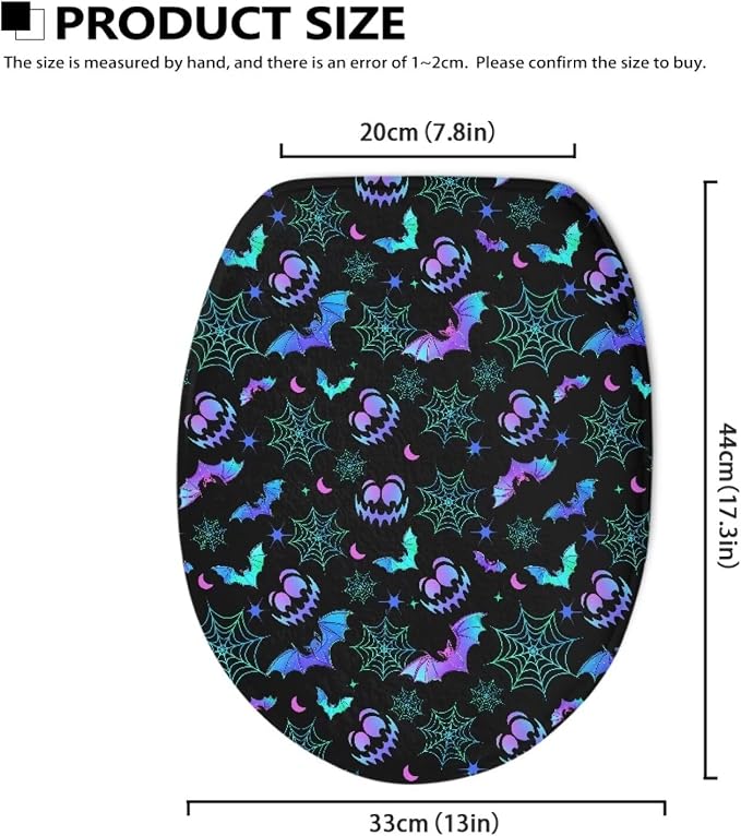 Toilet Seat Cover, Flannel Soft DustProof Toilet Lid Cover, Fits Most Most Round, Elongated and Oblong Toilet Lid Cover-Halloween Bat Design