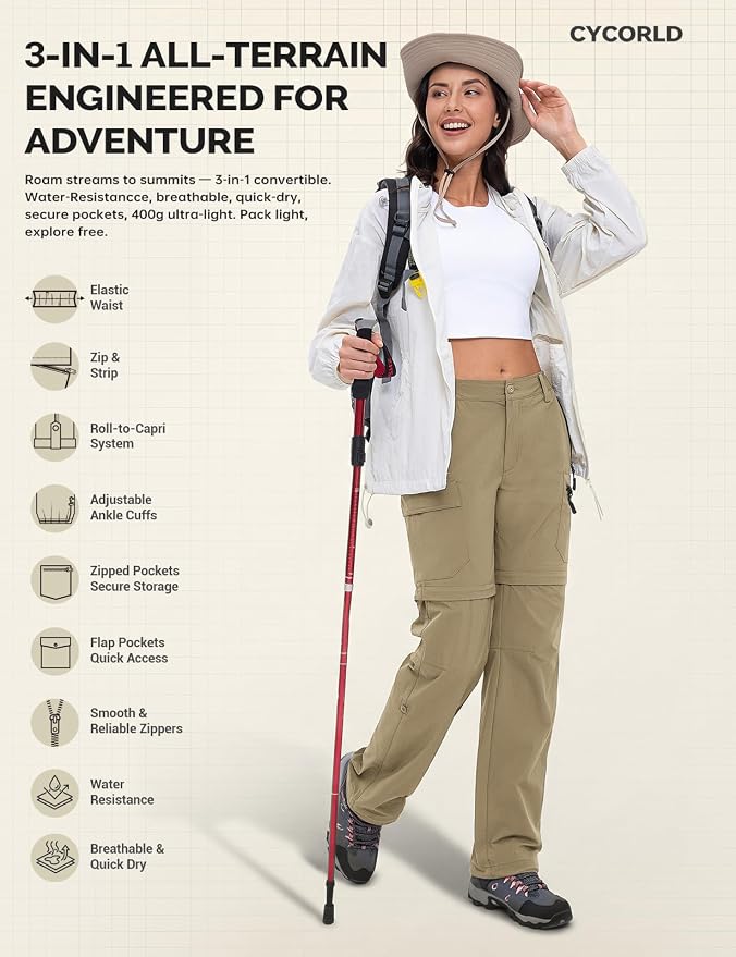 Cycorld Women's-Hiking-Pants-Convertible Quick-Dry-Stretch-Lightweight Zip-Off Outdoor Pants with 5 Deep Pockets