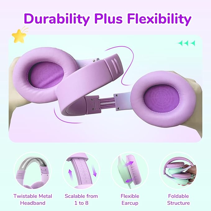 EarFun K3 Kids Headphones, Over Ear Headphones with Microphones, 85/94dB Volume Limit, HD Stereo Sound, Foldable Wired Headphone for School/Travel/Boys/Girls/Tablet/iPad (3.5mm Plug with Mic, Violet)