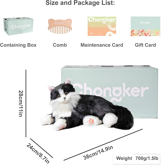 Chongker Interactive Companion Robot Cat Pets, Handmade Weighted Stuffed Animals, Cat Plush Toy with Voice Response, Realistic Heartbeat and Purring, Black Cat