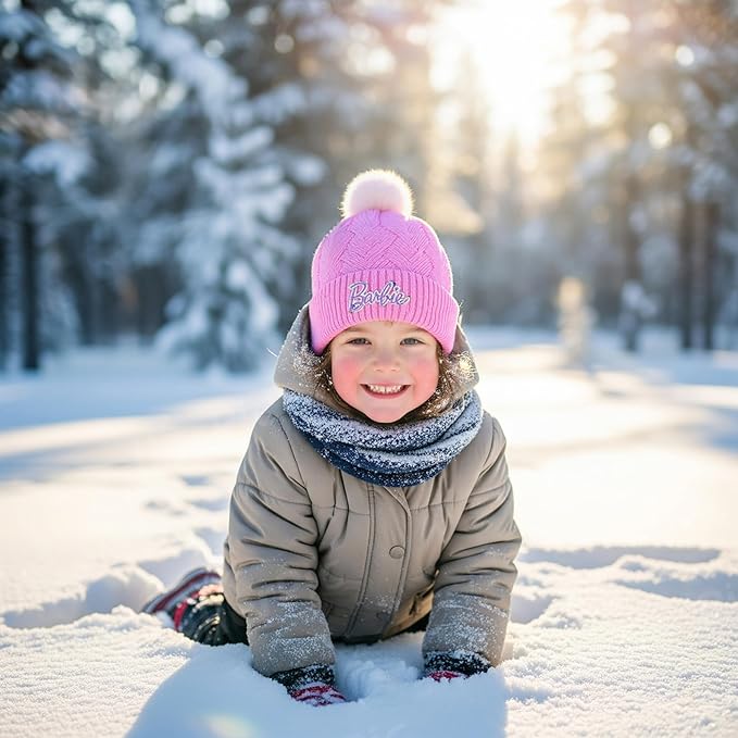 Barbie Girls Winter Hat with Gloves for Ages 5-13 Years – Ultra Soft Pink Beanie Winter Hat for Outdoors