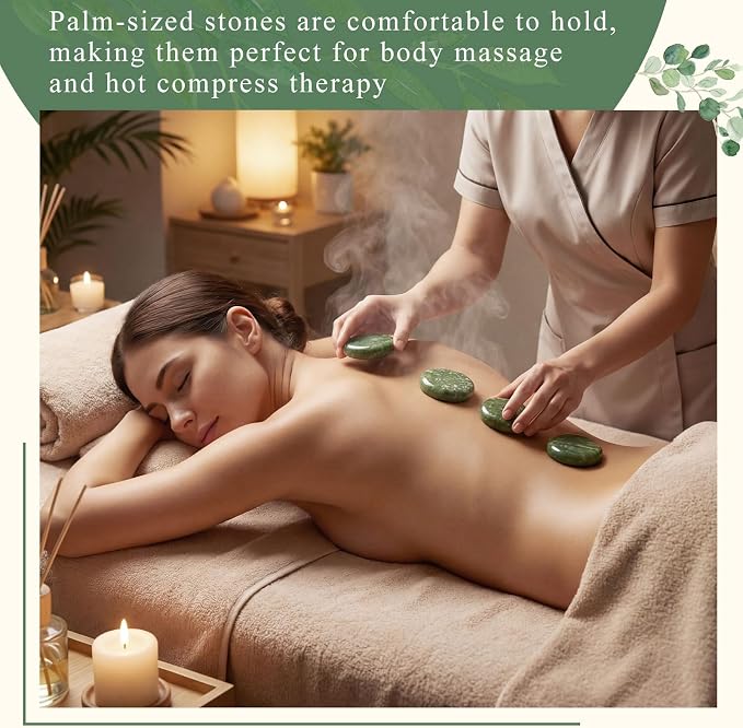 MTLEE 7 Pcs Hot Stones Massage Set Natural Green Jade Heated Warmer Stone, Round, Oval, Mushroom Shaped Hot Rocks, Body Gua Sha Massage Tool with Velvet Bag for Spa Relax, Relieve Tension (Full Body)