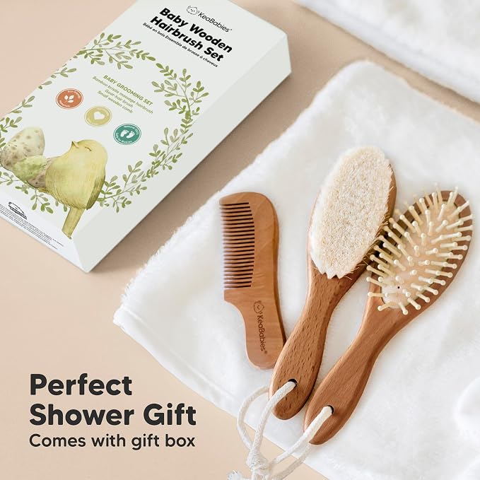Wooden Baby Hair Brush Set for Newborns, Toddlers - Soft Goat Bristle Baby Brush and Comb Set Newborn Grooming Kit for Cradle Cap Care,Durable & Gentle,Boy,Girl Infant Essentials(Regular, Dark Walnut)