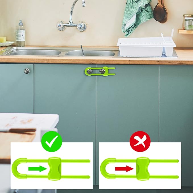 Jetec 10 Pack Baby Cabinet Locks, No Adhesive No Drill Child Safety Locks for Cabinets with Knobs or Handles, Adjustable U-Shaped Child Proof Latches for Cupboards, Fridge, Closet, Pets(Green)