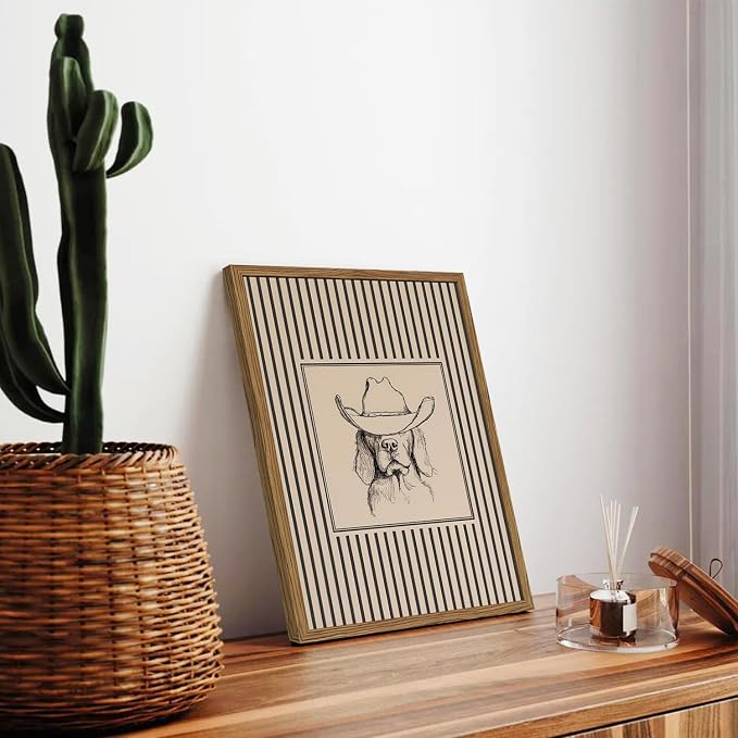 Vintage Western Cowboy Dog Wall Art Cute Southwestern Dog Wall Decor Painting, Retro Striped Western Animal Poster Canvas Print Picture for Living Room Bedroom 12x16 inch Wood Framed