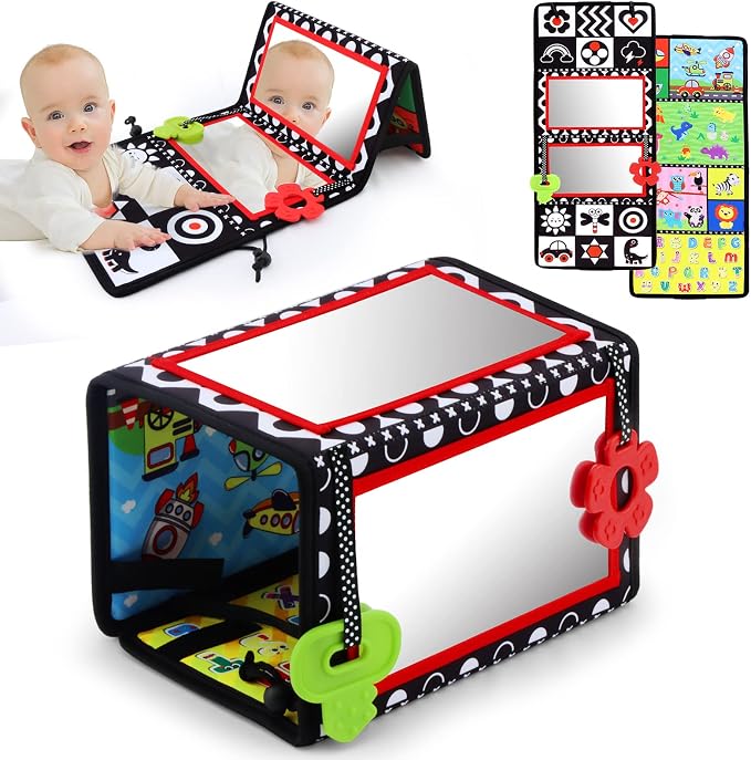 Tummy Time Floor Mirror with Teethers, Double-Sided Baby Mirror Black and White High Contrast Baby Toys for Babies, Baby Montessori Toys Crawling Developmental Newborn Infant Sensory Toys