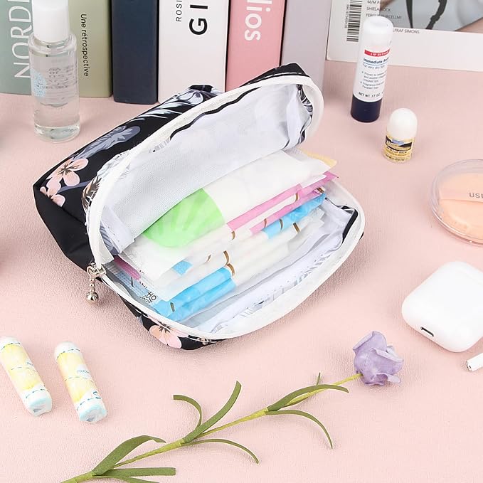 Sanitary Pad Storage Bag Portable Period Bag for Teen Pads/Sanitary Napkins/Small Tampons, Sanitary Napkin Storage Bag First Period Gifts for Teen Girls (Flower)
