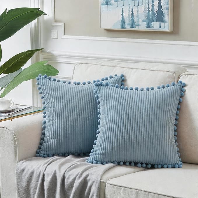 Fancy Homi Set of 2 Light Blue Euro Decorative Throw Pillow Covers 26x26 Inch with Pom-poms, Boho Soft Corduroy Solid Square Baby Blue Cushion Case for Couch Sofa Bedroom Car Living Room 66x66 cm