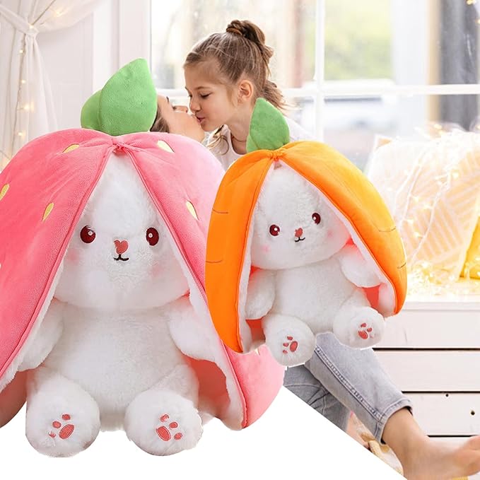 2PCS Plush Toy Pillow, Reversible Carrot Strawberry Bunny Plush with Zipper, Easter Bunny Stuffed Animal Cute Rabbit Plushie Birthday Gift for Boys Girls Kids (2pcs 7" Strawberry&Carrot)