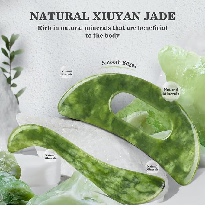 2 PCS Jade Stone Gua Sha Massage Tool, Large Guasha Muscle Scraper Tools Set with Handle Muscle Scraping Massage Tools S Shaped Anti Cellulite Spa Acupuncture Tools for Lymphatic Drainage