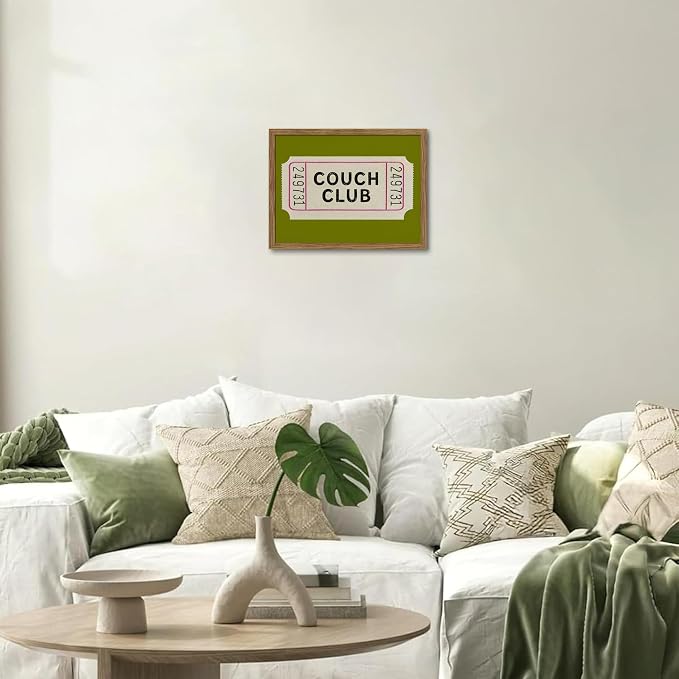 Vintage Framed Wall Art, Couch Club Ticket Canvas Wall Decor Painting, Retro Green Minimalist Quote Poster Print Picture for Living Room Bathroom Home Decor 16x24 Inch