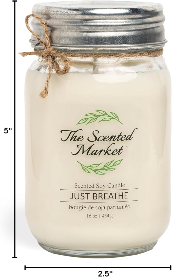 The Scented Market Aromatherapy Soy Wax Candle Just Breathe 16 oz Mason Jar, Over 100 Hours of Burn Time, Ideal for Your Home and Gift Giving.