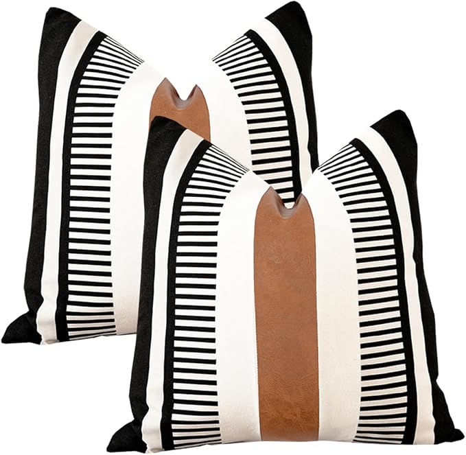 Set of 2 Striped Boho Throw Pillow Covers 16x16 inch, Modern Leather Pillow Cover for Couch Sofa Bed, Farmhouse Decor Patchwork Accent Pillowcase, Black