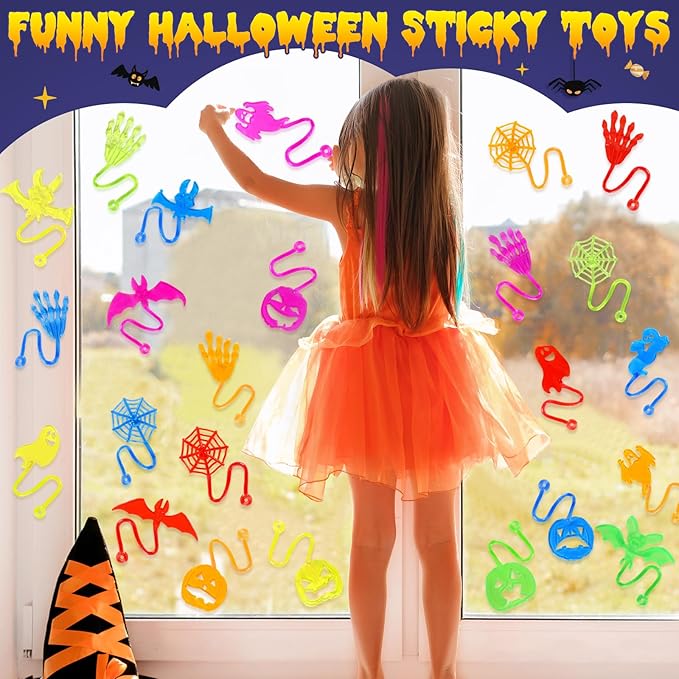 24 PCS Halloween Sticky Hands Party Favors for Kids, Stretchy Spider Sticky Web Ghost Pumpkins Bats Toys for Trick or Treat Halloween Party Gifts, Goodie Bag Stuffers Fillers, Classroom Prizes