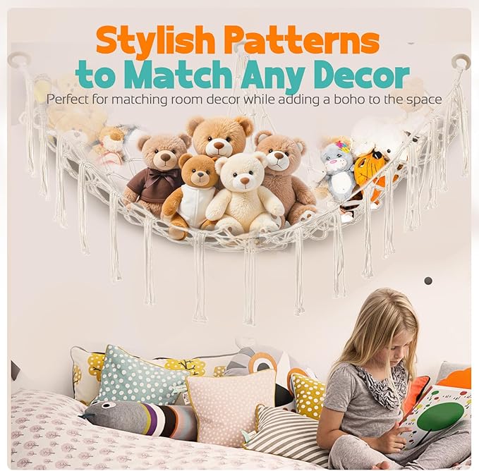 Stuffed Animal Storage Hammock Large Toy Storage Net Stuff Animal Hanging Organizer Holder for Plush Plushie Included Anchors & Hooks Teddy Bear Storage Boho Room Decor