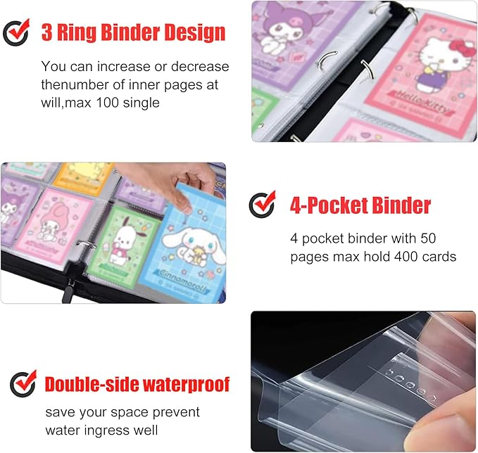 Pink Card Binder for Girls, 4 Pocket with 50 Sleeves up to 400 Trading Cards Binder, Waterproof Card Storage Bag with Shoulder Strap