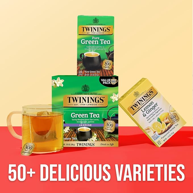 Twinings Green Tea with Jasmine Individually Wrapped Bags, 100 Count (Pack of 1), Fragrant Floral Scent, Caffeinated, Enjoy Hot or Iced, 100 Teabags