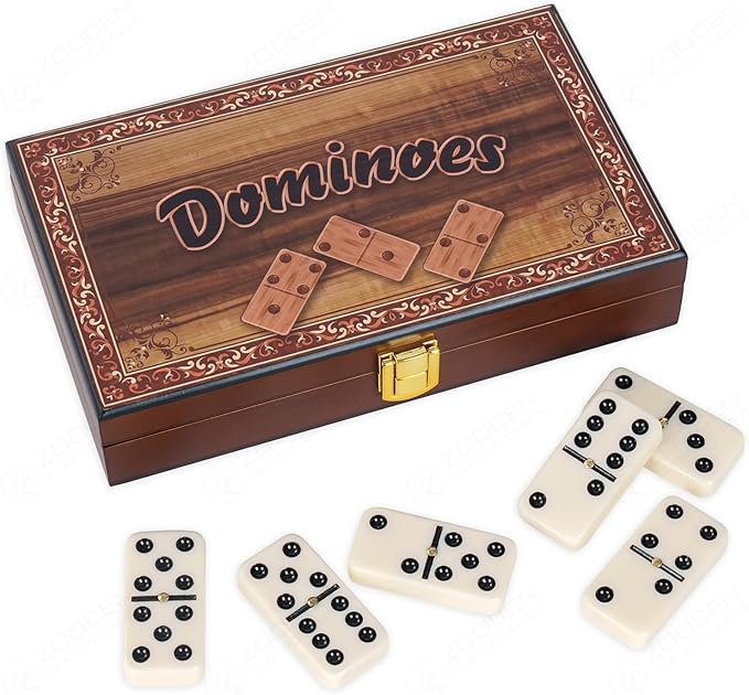 Classic Double 6 Dominoes Set, Wooden Storage Case with Decorative Design, 28 Black Dot Tiles, White Pieces