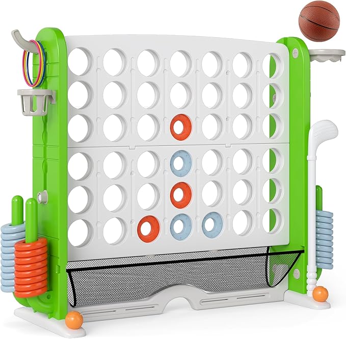 Costzon Giant 4-in-A-Row Connect Game, Height Adjustable 4-in-1 Jumbo 4-to-Score Yard Game with Golf, Ring Toss, Basketball, Cup Holder & Mesh Net, Indoor Outdoor Game for Kids Adults Family Party