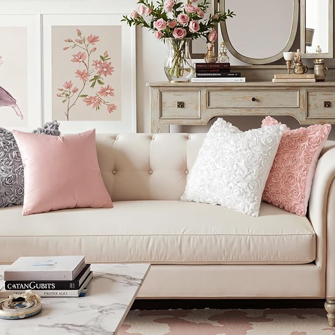 MIULEE Decorative Rose Flower Pillow Cover Pack of 1 Peach Pink 16x16 Inch | Cute Romantic Stereo Chiffon Throw Pillow Cover Aesthetic Solid Pillowcase for Girl Coquette Room Decor Coach Bedroom