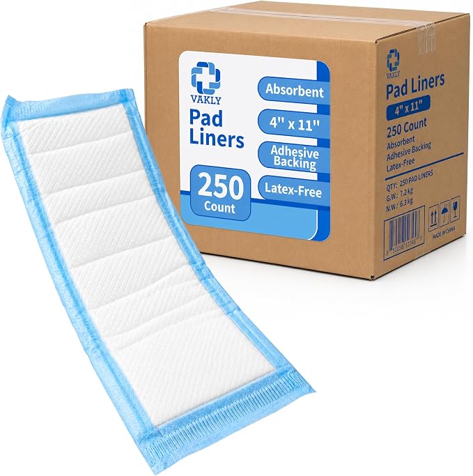 Vakly Postpartum Panty Liner Pads 4" x 11" (250 Pack) – Large Super Absorbent Maternity Pad Liners for Overnight Leak Protection, Incontinence Booster Pads with Adhesive (250, Count)