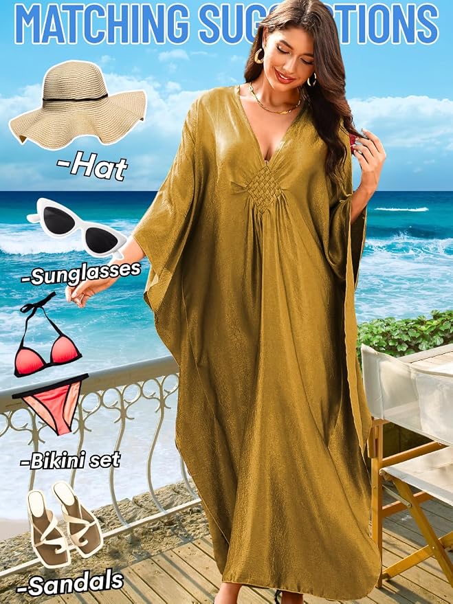 ChiaoLezhee Print Moo-Moos for Women, Kaftan Cover-Up Dresses, Sexy V-Neck High-Slit, Beach Pool-Party Coverups Muumuu Plus