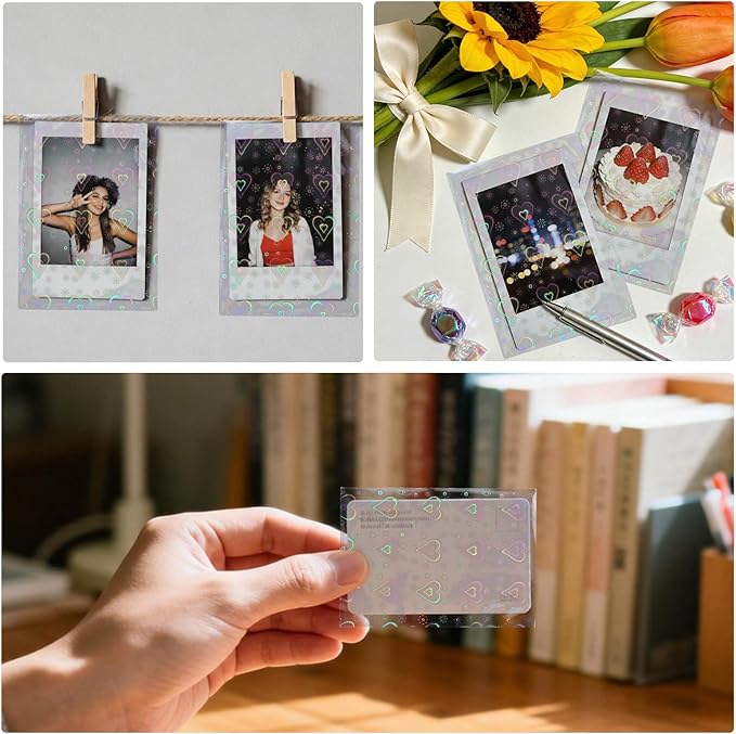200pcs Love Heart-Shape Photocard Sleeves, 9.1x6.5cm/3.58x2.56in Holographic Foil Card Protector Covers for Trading Cards Kpop Photocards