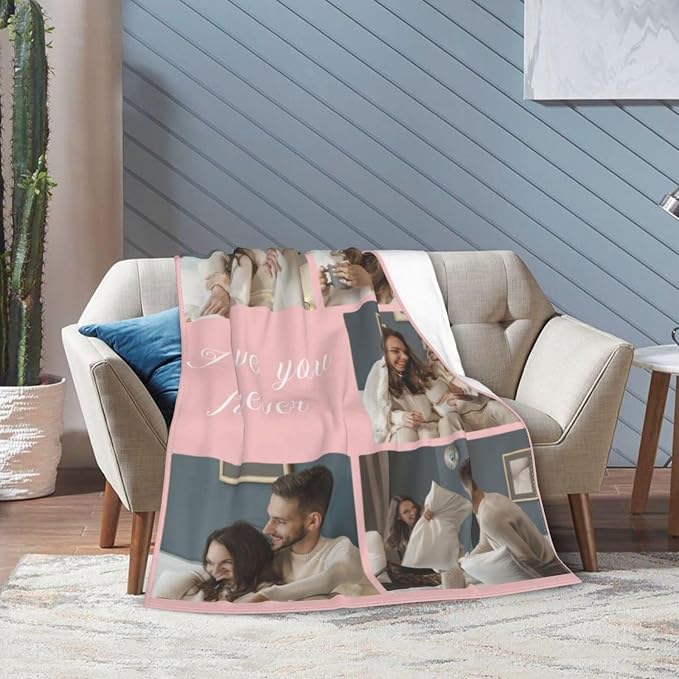 Custom Blanket with Picture Text, Personalized 5 Photo Blanket, HD Printing Customized Flannel Throw Blanket Gifts for Mom Dad Couple Girlfriend Boyfriend Wife Husband Christmas
