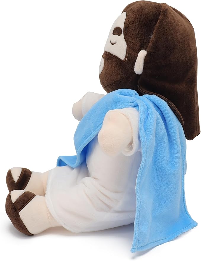 Officially Jesus Plush Breathing Soothing Stuffed Animal Heart of Jesus Toy Savior Doll for Church Sunday School Religious Easter Gift for Kids (Blue)