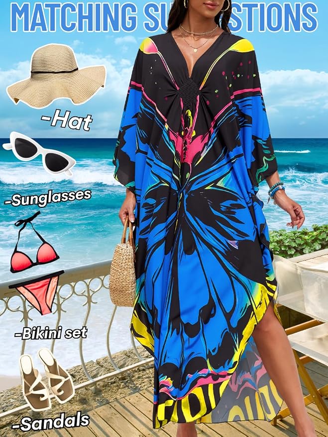 ChiaoLezhee Print Moo-Moos for Women, Kaftan Cover-Up Dresses, Sexy V-Neck High-Slit, Beach Pool-Party Coverups Muumuu Plus