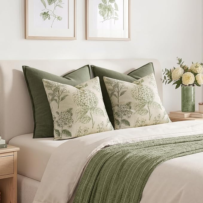 Set of 2 Decorative Floral Pillow Covers 18x18 Inch Sage Green | Neutral Hydrangea Print, Boho Vintage Throw Cushion Covers, Cottagecore Home Decor, for Sofa Couch Porch Bedroom Living Room