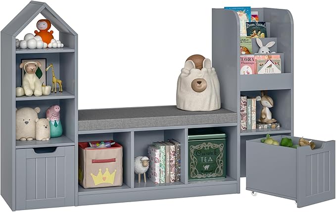 Kids Bookcase with Reading Nook, Bench Kids Bookshelf with 7 Storage Cubbies and 2 Movable Drawers, Multi-Purpose Toy Storage Organizer with Seat Cushion for Playroom, Bedroom, Living Room, Grey