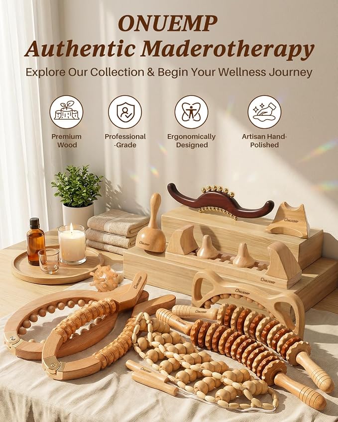 ONUEMP Sandalwood Gua Sha Muscle Scraper Tool with 17 Brass Beads, Wood Therapy Massage Tools Maderoterapia Kit for Lymphatic Drainage Body Sculpting, Deep Tissue Cellulite Massager Fascial Release