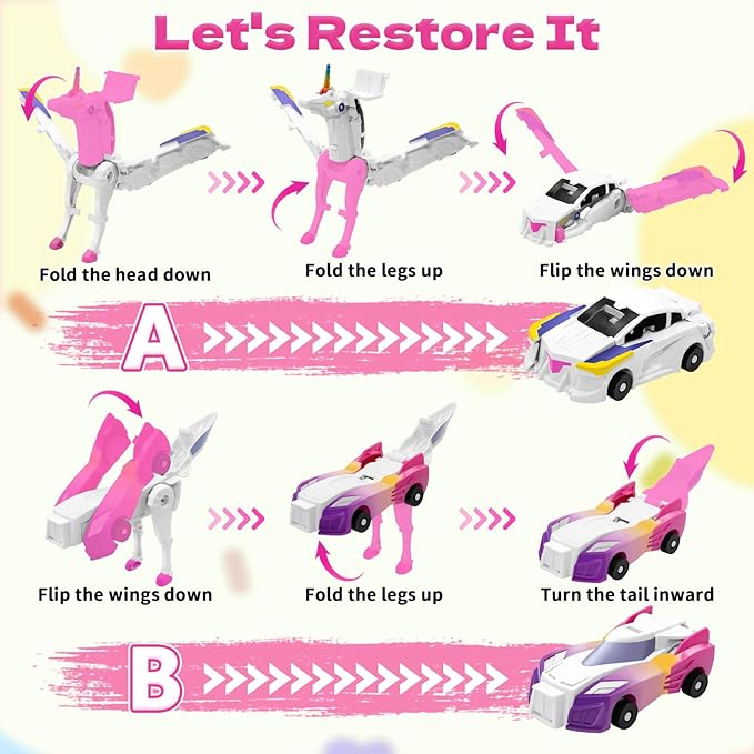 Unicorn Collision Transforming Cars Toy for Girls Boys, 2 Magnetic Cars Transform into Magical Unicorn Collision Transforming Robot Cars Toy Deformation Christmas Birthday Gifts for Kids Pink