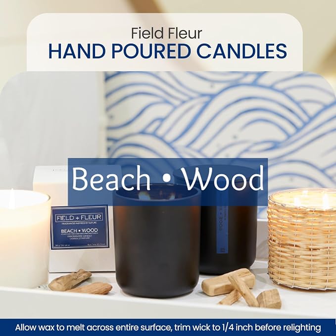 Beach Wood Scented Candle – Luxury 12oz Soy Wax, 2-Wick Handwoven Glass Jar, Peach, Orange Blossom, Saffron, Moss, Amber and Sandalwood – Santal Candle, 75+ Hour Clean Burn, USA Made