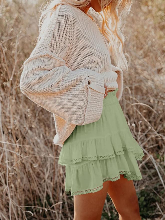 Flowy Shorts for Women Casual Boho Ruffle Tiered Skorts High Waist Mini Skirts Golf Tennis Crochet Shorts