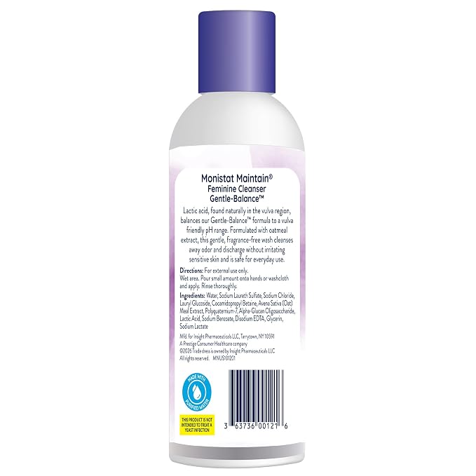 Monistat Gentle-Balance Feminine Cleanser for Women, Feminine Wash with Lactic Acid and Oatmeal Extract, Fragrance-Free, pH Balanced, 10 Fl Oz (Pack of 2)