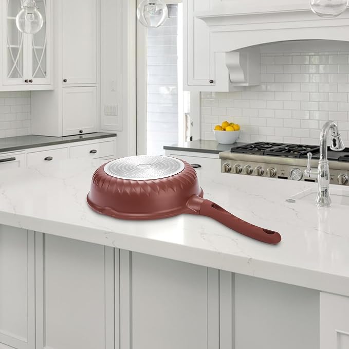 Vinchef 12" Terracotta Nonstick Ceramic Red Frying Pan, 5.5Qt | Red/terracotta German 3C+ toxin-free ceramic PFOA-free. Induction/gas compatible. Heat indicator handle. Lightweight die-cast