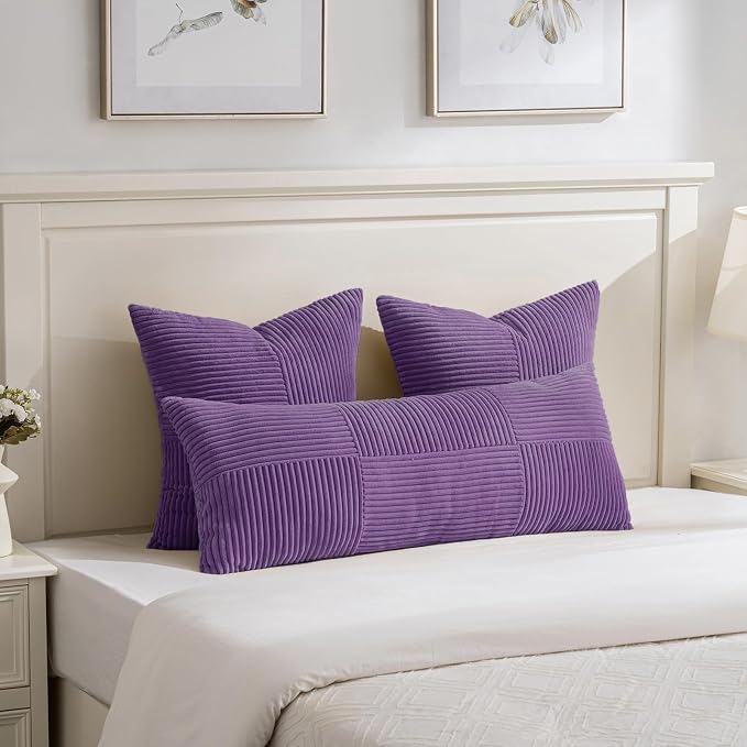 Fancy Homi Set of 2, Purple Patchwork Corduroy Decorative Soft Striped Modern Accent Cushion Case Farmhouse Boho Neutral Throw Pillow Covers for Chair Couch Bed Sofa Living Room 28x28 Inch