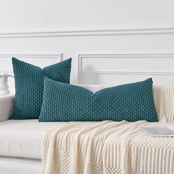 Kevin Textile Soft Corduroy 14"x36" Lumbar Pillow Cover 1 Pack, Teal Blue | Boho Stripe Plush Corduroy Decorative Oblong Cushion Cover Modern Farmhouse Home Decor for Sofa Couch Bed Chair