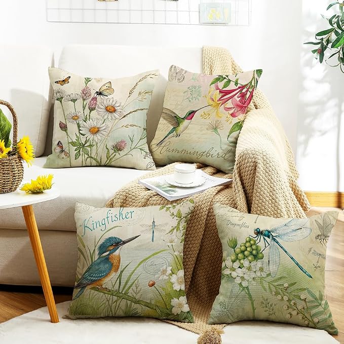 wyooxoo Throw Pillow Covers 18x18 Set of 4 Spring Summer Pillow Covers Flower Bird Farmhouse Outdoor Decorative Cushion Case for Sofa Couch Living Room