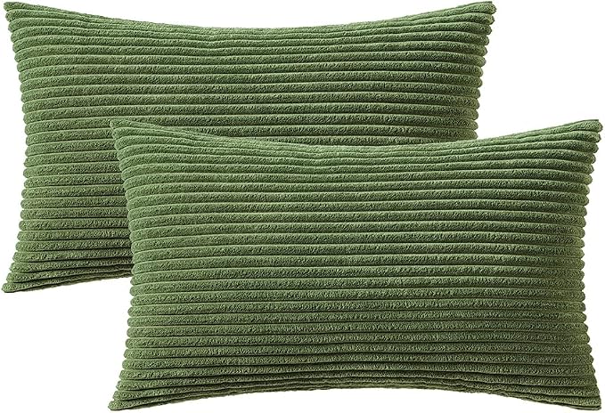 MIULEE Lumbar Corduroy Throw Pillow Covers Set of 2 12x20 Moss Green | Decorative Soft Striped Textured Cushion Cases, Boho Pillowcases for Home Decor, for Couch Chair Sofa Bed Living Room